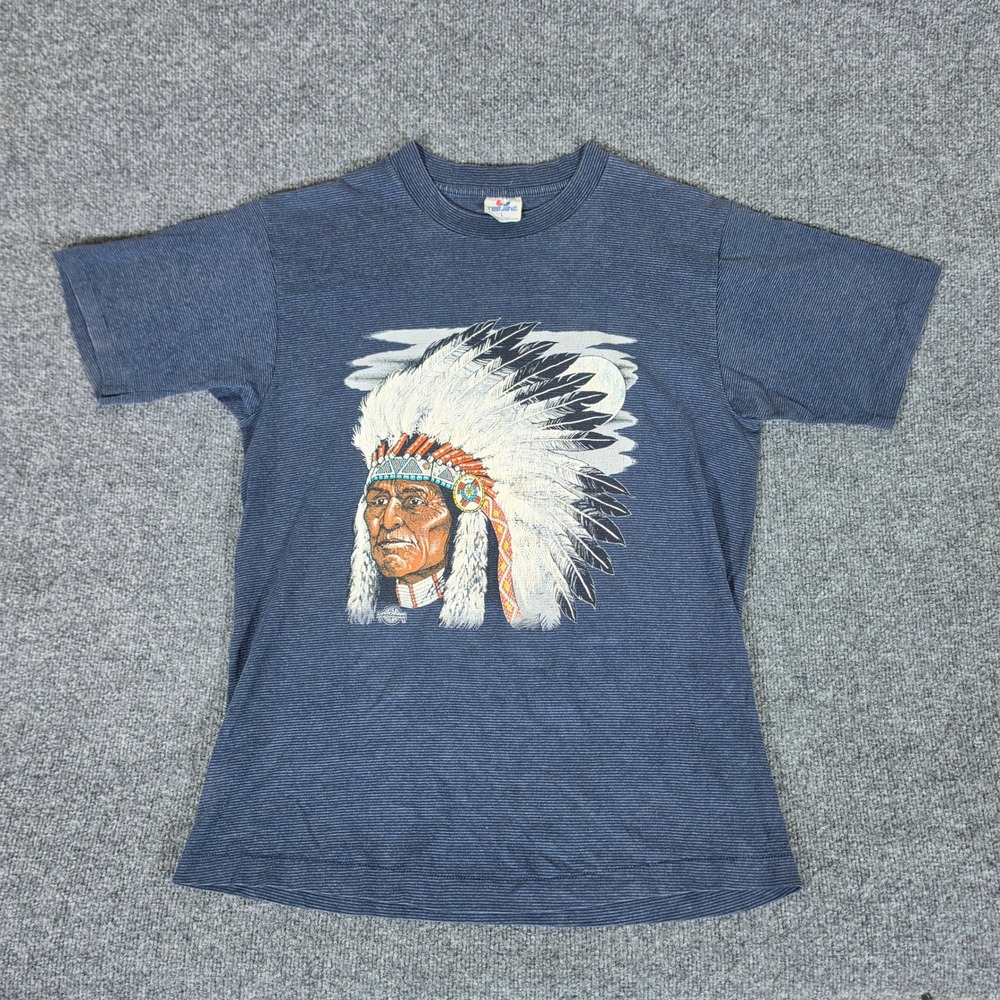 Vintage 1993 Tee Jays Wild Hare Native American Chief Stripe T-Shirt Large USA